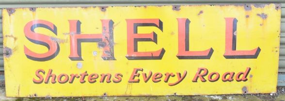 Vintage enamel single sided plate steel advertising sign for Shell "Shortens Every Road" 54"x18" (