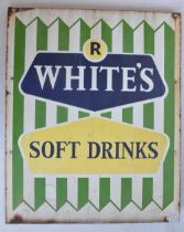 Single sided plate steel enamel advertising sign for R White's Soft Drinks with right angled