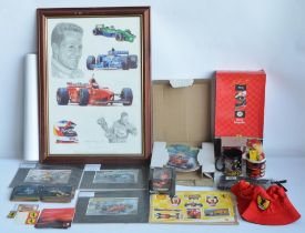 Collection of Michael Schumacher and Ferrari related items to include framed print by Stuart