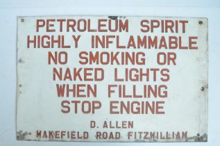Pressed metal relief text painted Petroleum Spirit warning sign, D.Allen Wakefield Road,