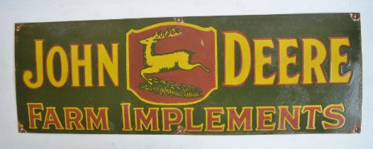 Enamel steel plate advertising sign for John Deere Farm Implements, 91.5x30.5cm