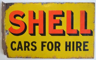 Vintage enamel double sided plate steel advertising sign for Shell "Cars For Hire" with 90 degree