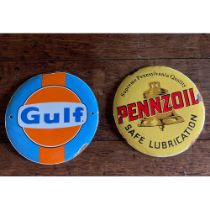 Two enamel button-type advertising signs. Gulf and Pennzoil. (2).