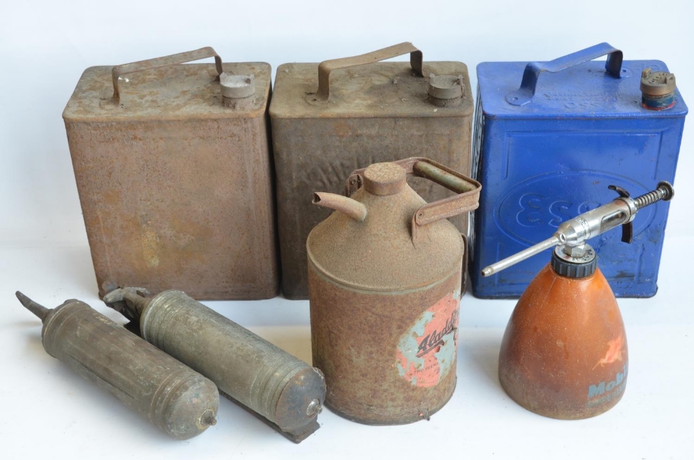 Three vintage oil cans to include blue painted Esso and a Shell-Mex example (all with caps), 2