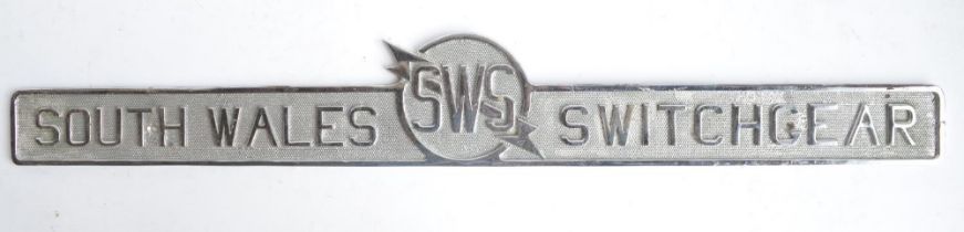 Heavy cast metal relief text South Wales SWS Switchgear transformer plaque, W91.1cm