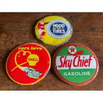 Three button type advertising enamel signs, Shell, Hood Tires and Sky Chief (3)