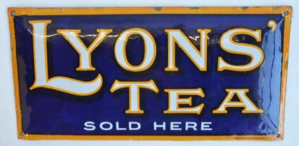 Single sided pressed steel plate enamel advertising sign for Lyons' Tea Sold Here, 49x24cm