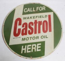 Single sided circular enamel sign. 'Call for Wakefield CASTROL motor oil' 51cm