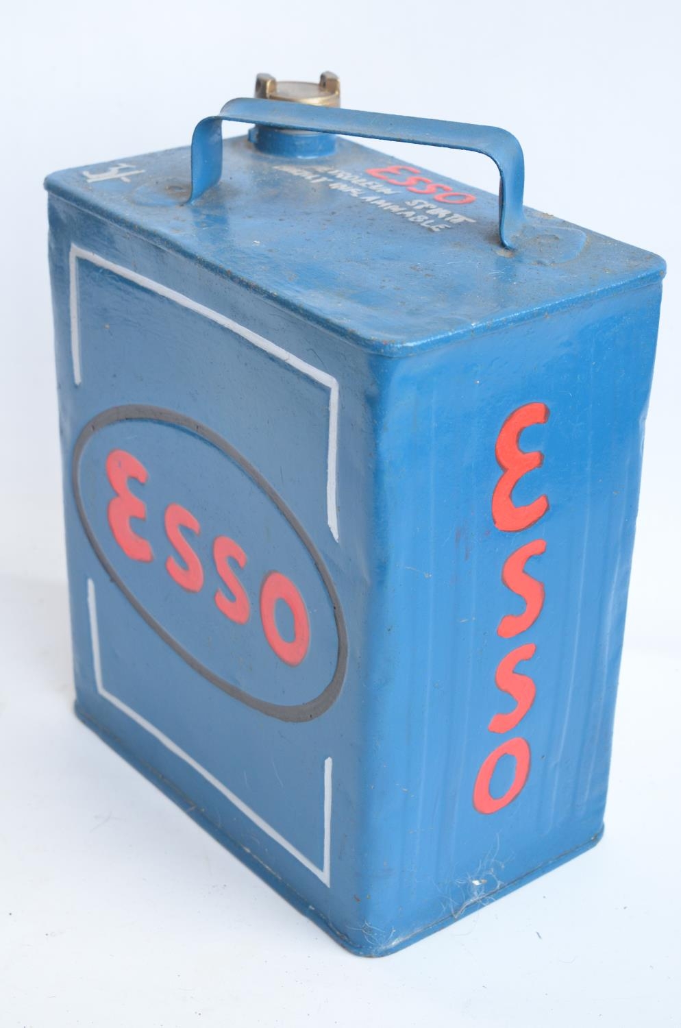 Vintage Esso 2 gallon petrol can with cap, repainted/restored in dark blue with red lettering - Image 2 of 4