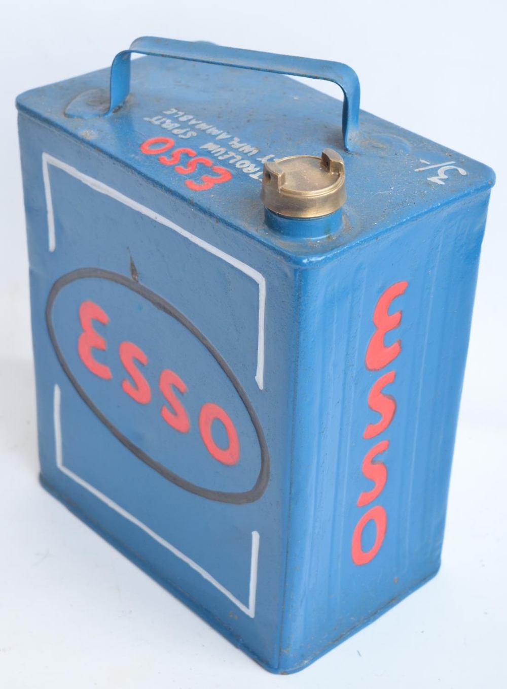 Vintage Esso 2 gallon petrol can with cap, repainted/restored in dark blue with red lettering - Image 3 of 4