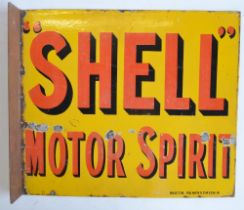 Vintage enamel double sided plate steel advertising sign for Shell Motor Oil with welded 90 degree