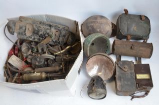 Collection of vintage cars lights, a Record Minor insulation tester, Campbell "Head Cradle" miners