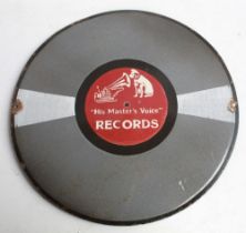 Single sided circular enamel sign ' His Masters Records'. 46cm