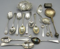 Dutch silver ball topped spoon hallmarked P.HERTZ 924, Norwegian silver leaf loop twist handle caddy