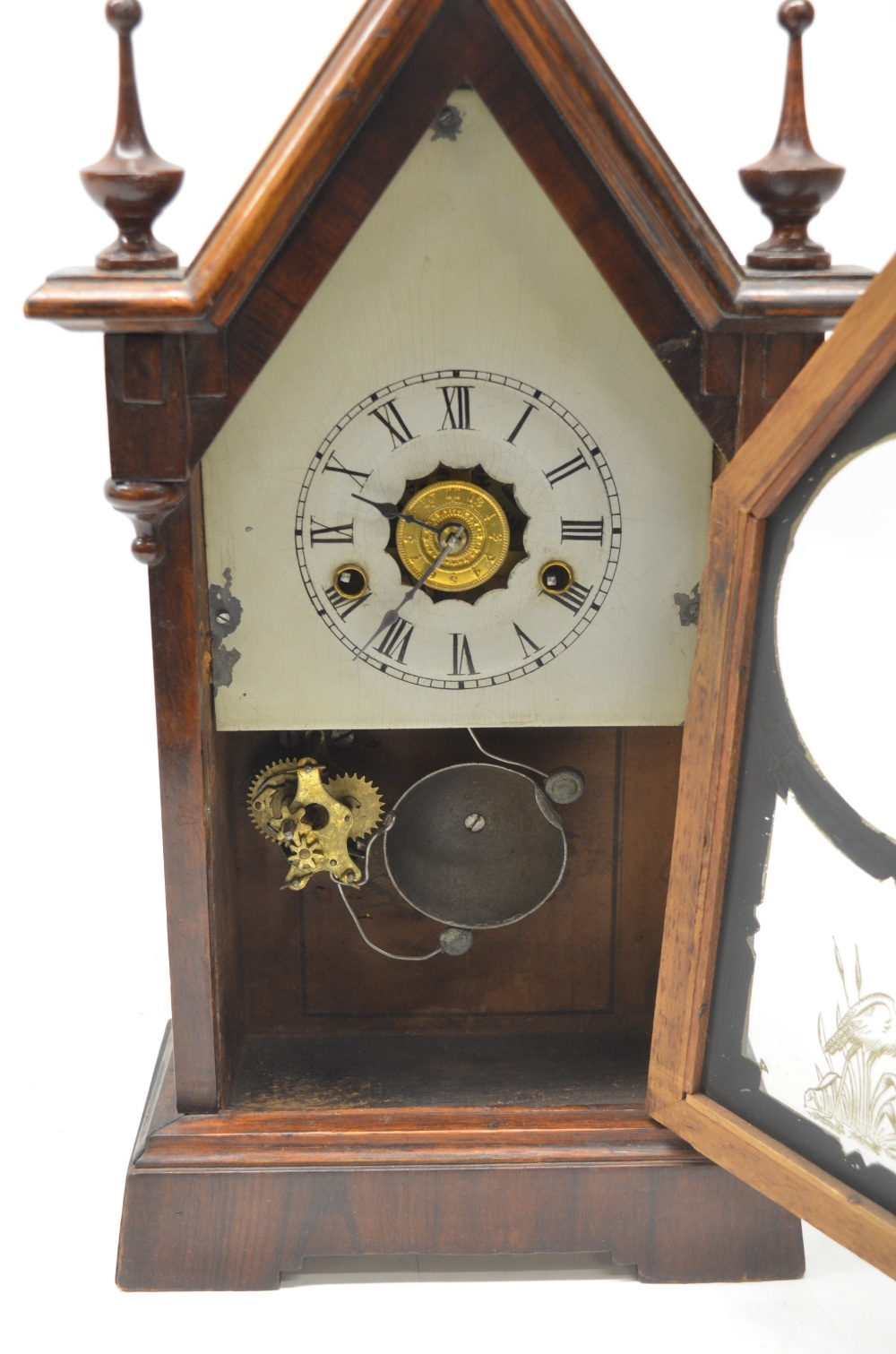 Late 19th century American mahogany mantel clock with alarm, white painted Roman dial, faux - Image 2 of 4