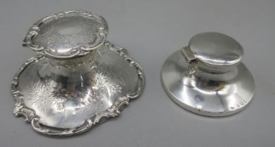 Edwardian hallmarked Sterling silver inkwell with C scroll border, Chester, 1905, and a smaller