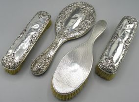 Victorian silver three piece dressing table set incl two brushes and hand mirror with floral