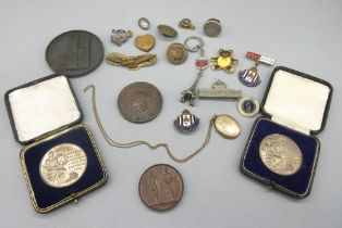 9ct gold locket on chain, stamped 9ct, 5.7g, a collection of medals including a sterling silver