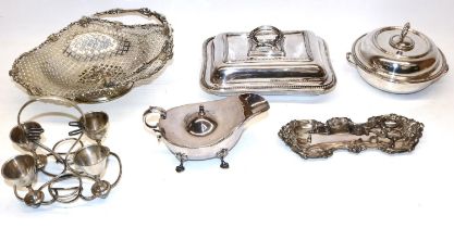 Collection of decorative EPNS tableware incl, a wick trimmer with tray, Victorian style white