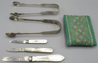Victorian silver pocket knife with decoratively engraved mother of pearl handle, two other silver