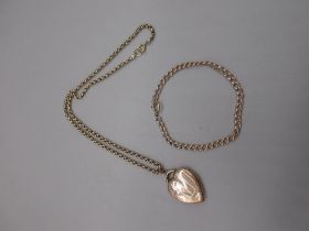 9ct rose golf heart locket pendant stamped A&C 9ct bks & fts, on yellow metal belcher chain with