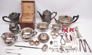 Collection of white metal and EPNS tea ware, cutlery, and a box of 4X5 photographic glass negatives,
