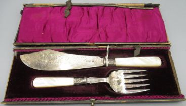 Victorian silver cased fish serving set with mother of pearl handles and engraved silver detailing