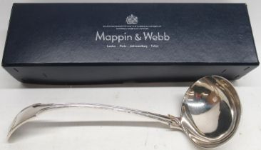 Large Edwardian silver Fiddle, thread & shell pattern soup ladle, makers mark unclear, London