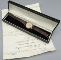 1950's Jaeger-LeCoultre 9ct gold wristwatch, signed parchment coloured dial, applied Arabic indices,