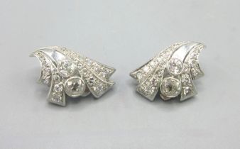 French Art Deco platinum and 18ct white gold fan-shaped clip on earrings, set with two large old cut