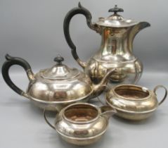 George V silver three piece Batchelor's tea service, compressed circular bodies with single band, by