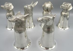 Set of six Silver Hunting themed Stirrup Cups, two hounds, Fox, Hare, Partridge, Horse, on tapered