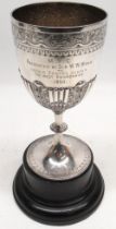 Victorian silver trophy goblet, part lobed and acanthus cast body engraved 'M.Y.C, Presented by