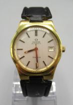 Omega Geneve gold plated automatic wristwatch with date, signed vertically brushed silvered dial,