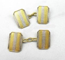 18ct yellow gold and platinum cufflinks with squared corners and engine turned detail, stamped