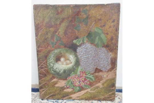 Victorian School; Still life of a birds nest and foliage, unframed oil on canvas, 31cm x 26cm and - Image 2 of 8