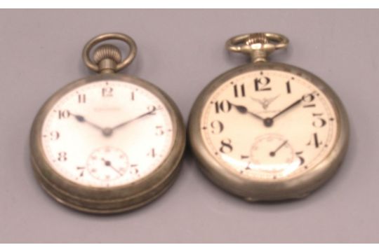 Record nickel keyless pocket watch, signed white enamel Arabic dial, subsidiary seconds, snap on - Image 1 of 2