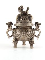 Property of a deceased estate - a small Chinese silvered censer & cover, with qilin finial & gui