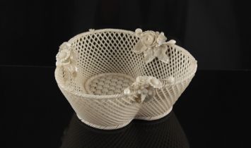 Property of a lady - a Victorian Belleek trefoil basket, the 3-strand base with applied factory