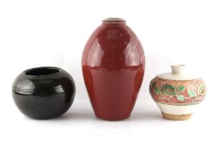 Property of a deceased estate - three pottery items, all probably Chinese, the sang de boeuf vase