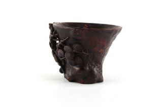 Property of a lady - a Chinese carved bamboo libation cup, the handle modelled as a pine tree, 4.