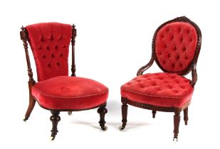 Property of a gentleman - two Victorian carved walnut nursing chairs with pink button upholstery (