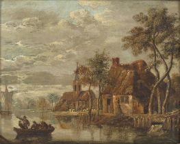 Property of a lady - English school, first half 19th century - A RIVER LANDSCAPE WITH FIGURES IN A