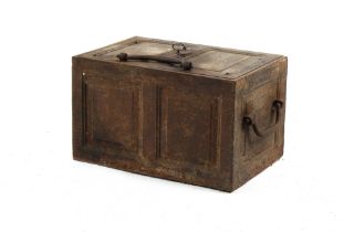 Property of a lady - a Victorian iron strong box or box safe, with key, 26ins. (66cms.) across