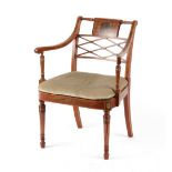 Property of a gentleman - a late Victorian painted satinwood elbow chair, with cane panelled