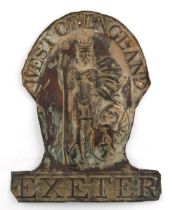 Property of a lady - a 19th century copper firemark inscribed 'WEST OF ENGLAND' and 'EXETER',