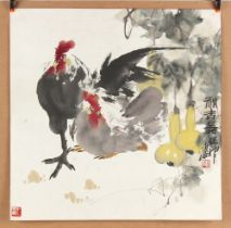 Property of a deceased estate - a Chinese watercolour painting on paper depicting Two Chickens and