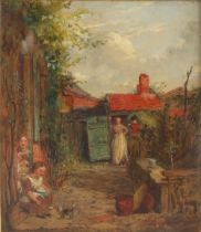 Property of a gentleman - George Smith (1829-1901) - WOMEN AND CHILDREN IN COTTAGE YARD - oil on