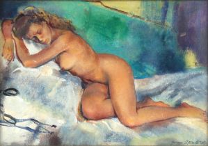 Property of a lady - Romano Stefanelli (1931-2016) - RECLINING FEMALE NUDE - oil on panel, 13.8 by