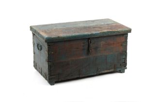 Property of a lady - a 19th century painted & metal-bound trunk or coffer, with interior candle box,